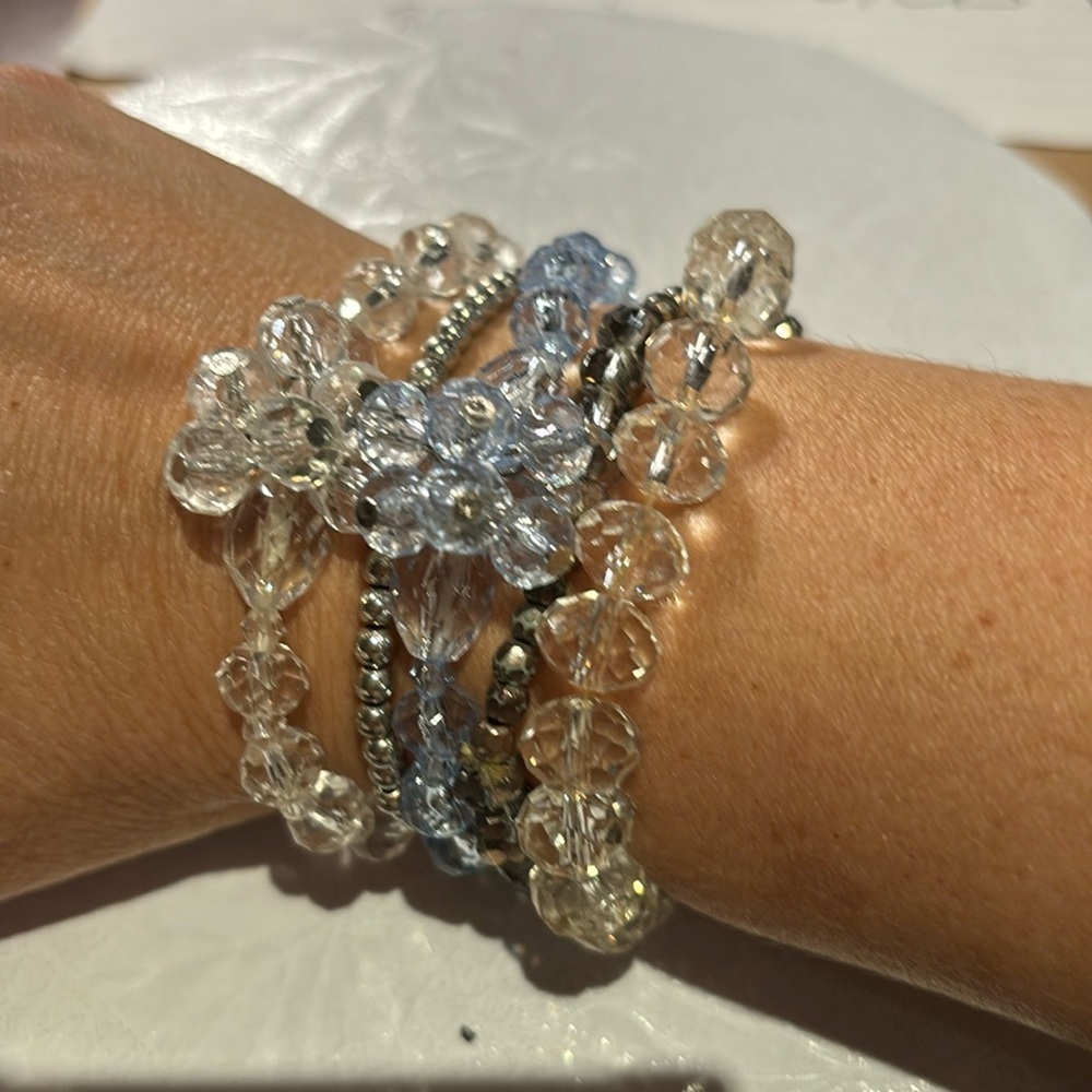 Braided crystals and silver beads stack bracelets 5 in all